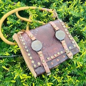 Brown Embossed Leather Crossbody Bag with Brass Accents